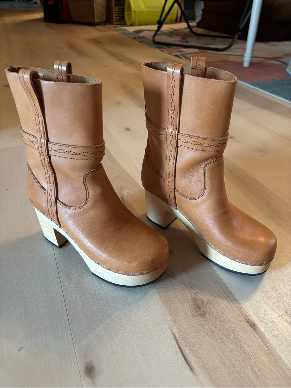 Swedish Hasbeens Tan Leather Clog Heeled Boots